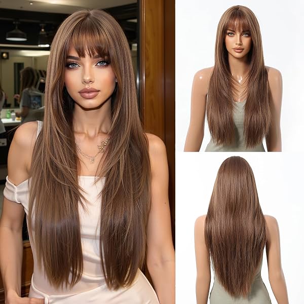 Peluca larga lacia marrón de cabello humano con flequillo, cabello real para mujer, sin pegamento y en capas para look natural diario (marrón, 28 pulgadas)