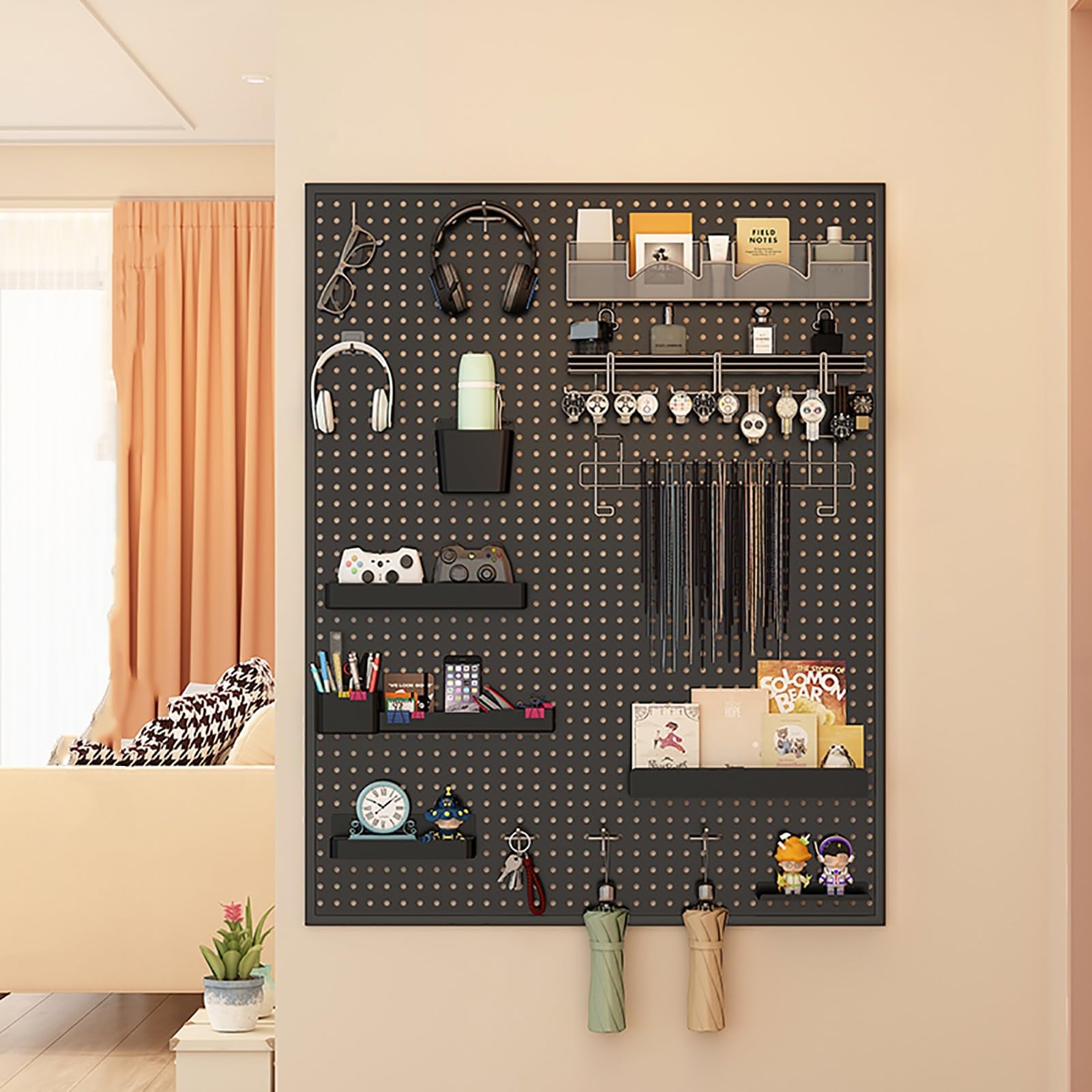 Organizador Herramientas con 10 Ganchos, Panel Herramientas Pared Tablero Perforado Escritorio Pegboard Panel Perforado(Black,60x40cm/24x16in)