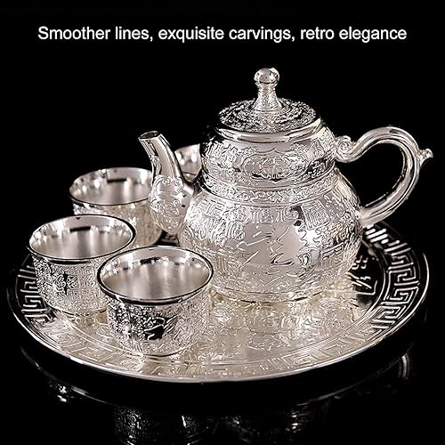 Miniatura 2 de Juego de tetera y taza para uno, juegos de té de aleación de zinc para adultos con tetera y bandeja, juego de tetera vintage plateada, regalo de