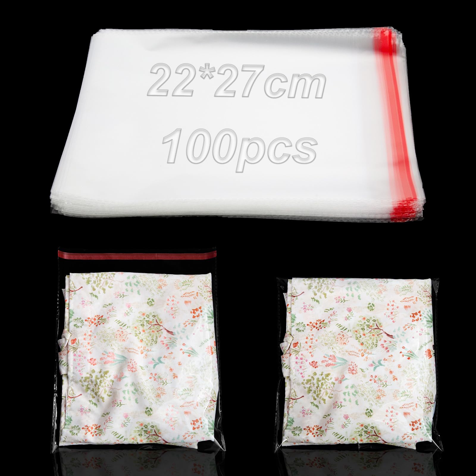 100pcs Clear Cellophane Bag Small Sealable Plastic Bags Self-Adhesive Transparent Cellophane Bag 22 x 27 cm OPP Flat Bags for Biscuits Sweets Chocolate Jewellery Earrings