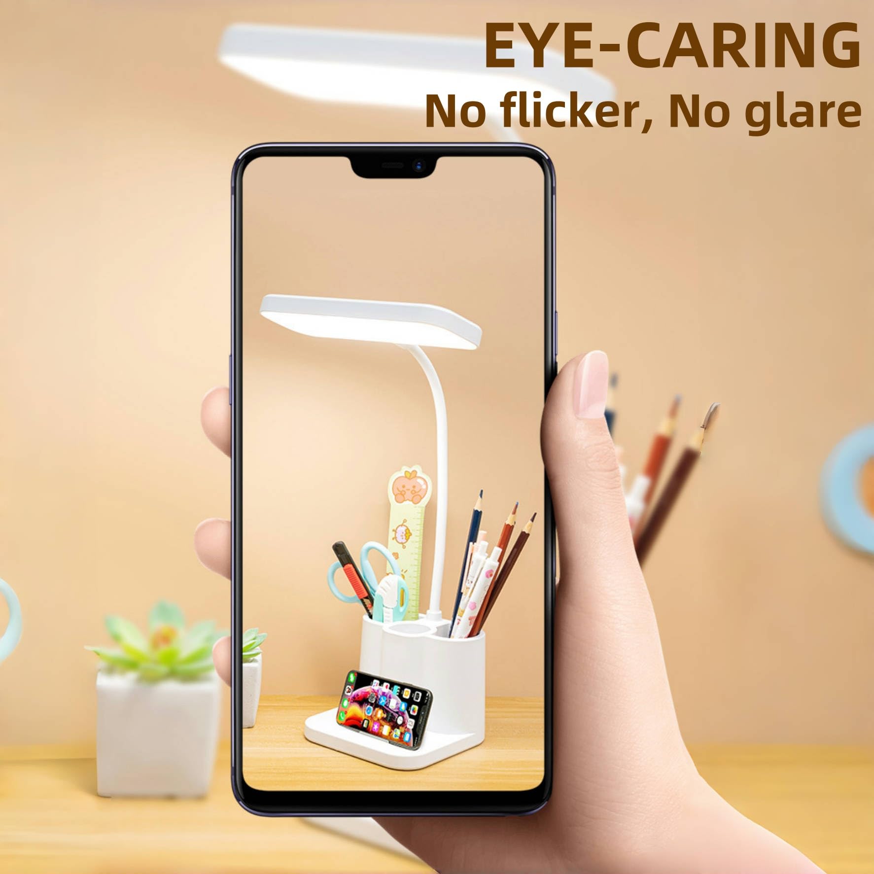 Guangyu Schreibtischlampe Kinder, 4800 mAh Touch LED Schreibtischleuchte mit Stifthalter, 3 Farben&Stufenloses Dimmen,Schwanenhals Leselicht mit USB-Anschluss, für Büro, Schlafzimmer