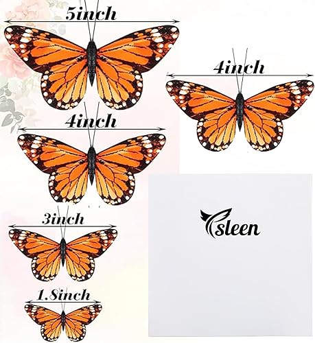 Miniatura 8 de Ysleen 24 piezas de decoración de mariposa monarca de plumas 3D, 4 tamaños, decoraciones de pared de mariposa, calcomanías artificiales falsas para