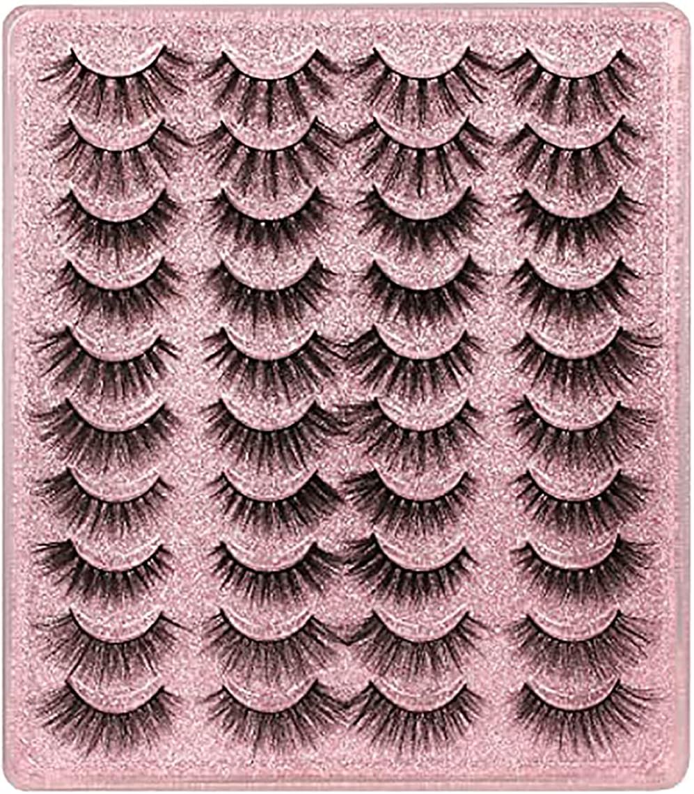 DELFINO 20 Pairs False Eyelashes 3D Faux Mink Lashes Natural Look Wispy Fake Eyelashes 16-20MM Fluffy Volume Long Thick Lashes Pack Pink