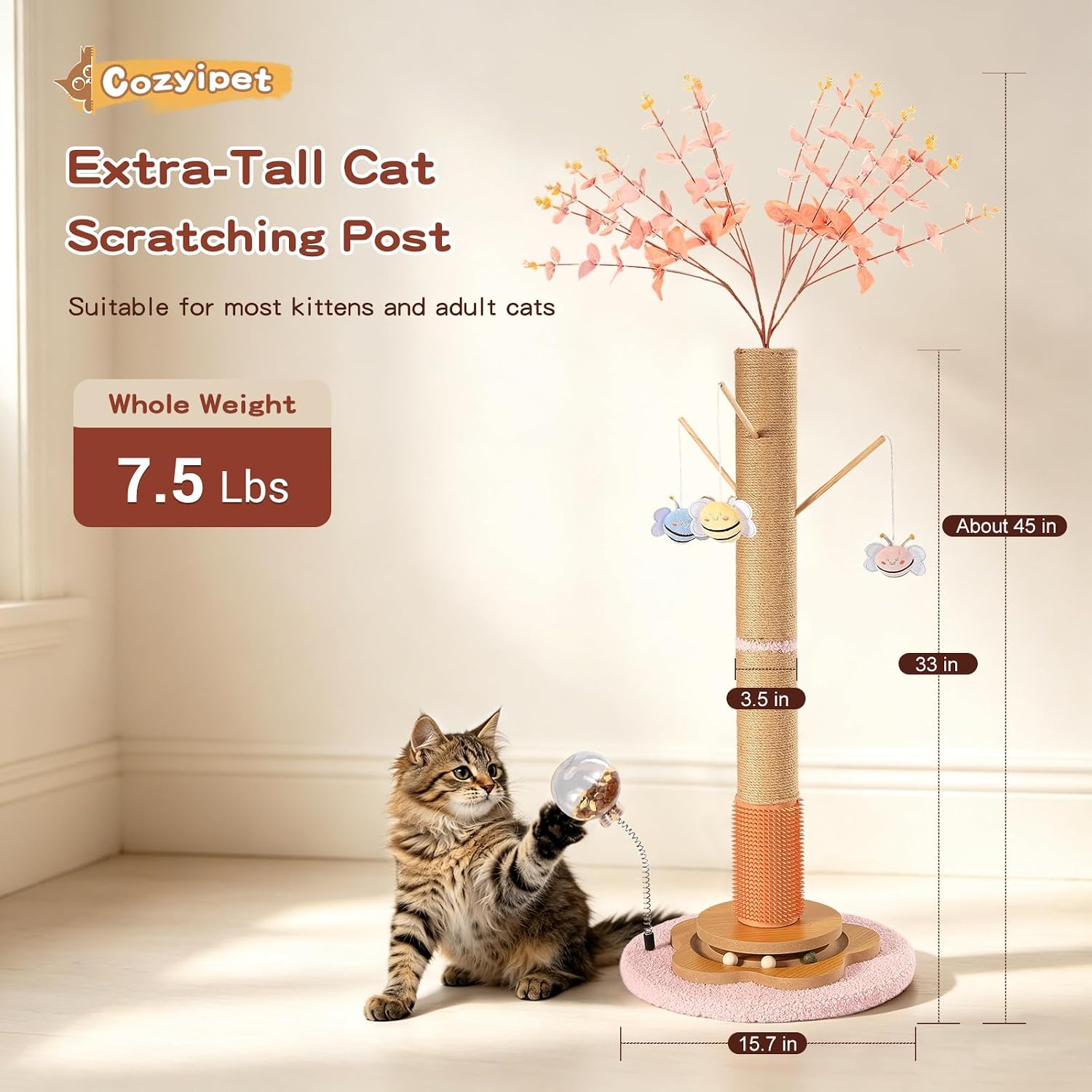 45" Tall Cat Scratching Post for Large Cats Adults | Grooming Brush, Track Ball, Spring Feeder & 3 Bee Toys, Sisal Rope Large Cat Scratcher Tree with Leaves for Indoor Cats, Pink