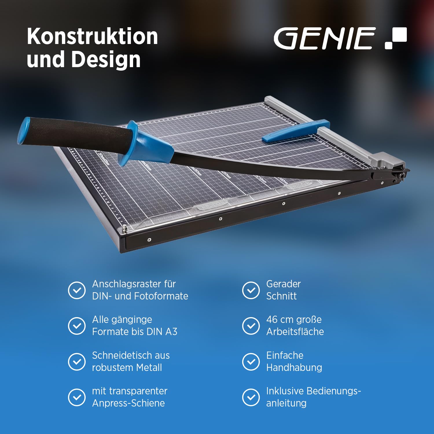 GENIE GM A3 Hebelschneider Papierschneider A3 | Schneidemaschine Papier mit 46 cm Schnittlänge | Paper Cutter für Papier, Fotos & Karton | Papierschneidemaschine mit Metallbasis & Anpressschiene