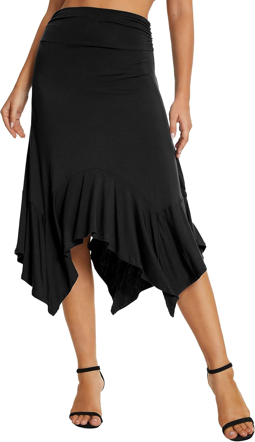 Urban CoCo Women's Flowy Stretchy Skirt Handkerchief Hemline Midi Skirt Small Black