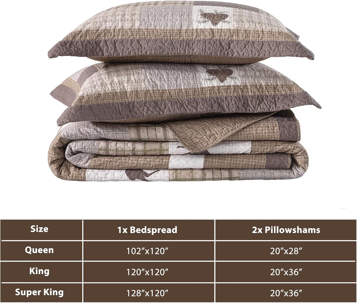 Cabin Bedspread Queen Size 102"x120", 100% Cotton Oversized Queen Quilt, Lodge Cabin Farmhouse Quilted Bedspreads, Brown Gray Plaid Lightweight Quilt Bedding Sets for All Season, 3 Pcs