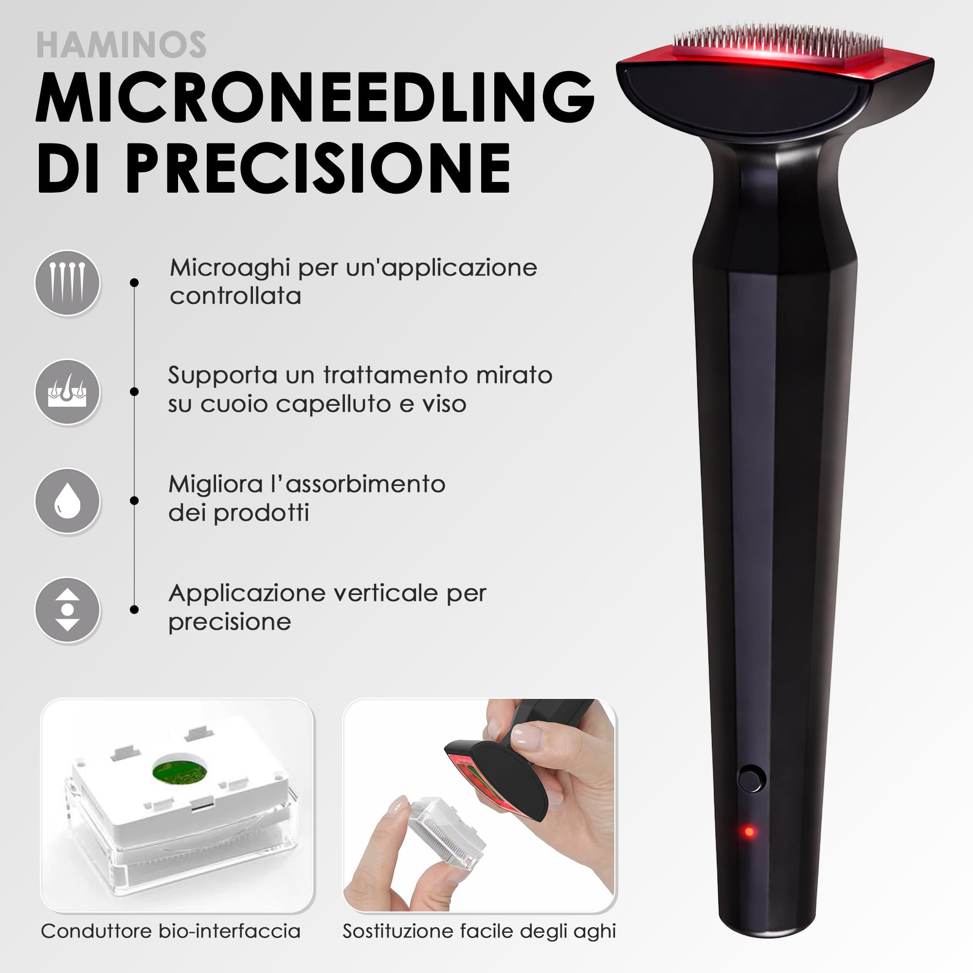 Derma Stamp 0,25 mm per Cuoio Capelluto e Pelle, Dispositivo Microneedling 4 in 1 con 2 Testine ad Aghi, Luce Rossa, Microcorrente, Vibrazione, Ricaricabile USB-C