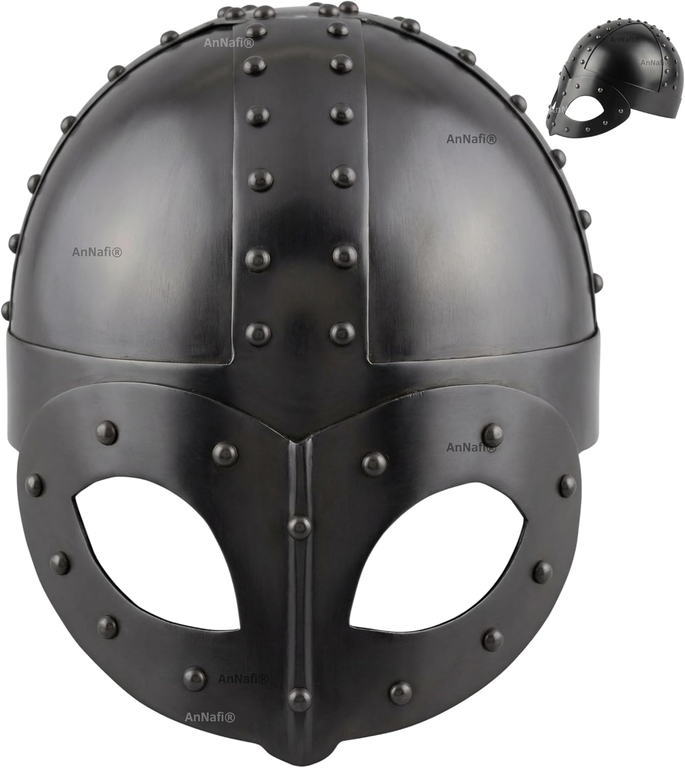 AnNafi® Black Plated Antique Medieval Viking Mask Helmet | Premium Quality Soldier Helm Adult with Liner & Strap | Medieval Costumes Helm Armor SCA LARP Reenactment Cosplat Replica Costume For Men
