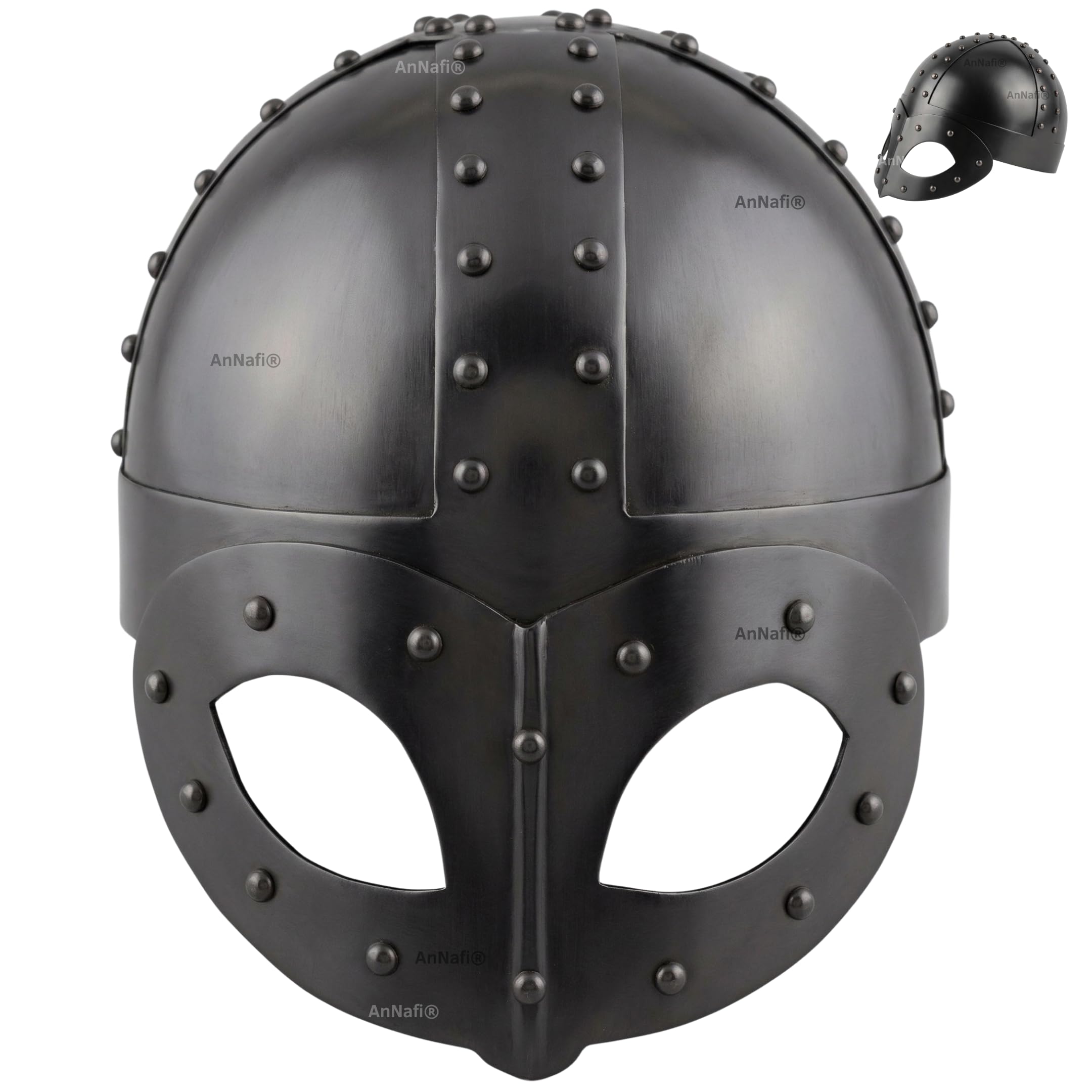 AnNafi® Black Plated Antique Medieval Viking Mask Helmet | Premium Quality Soldier Helm Adult with Liner & Strap | Medieval Costumes Helm Armor SCA
