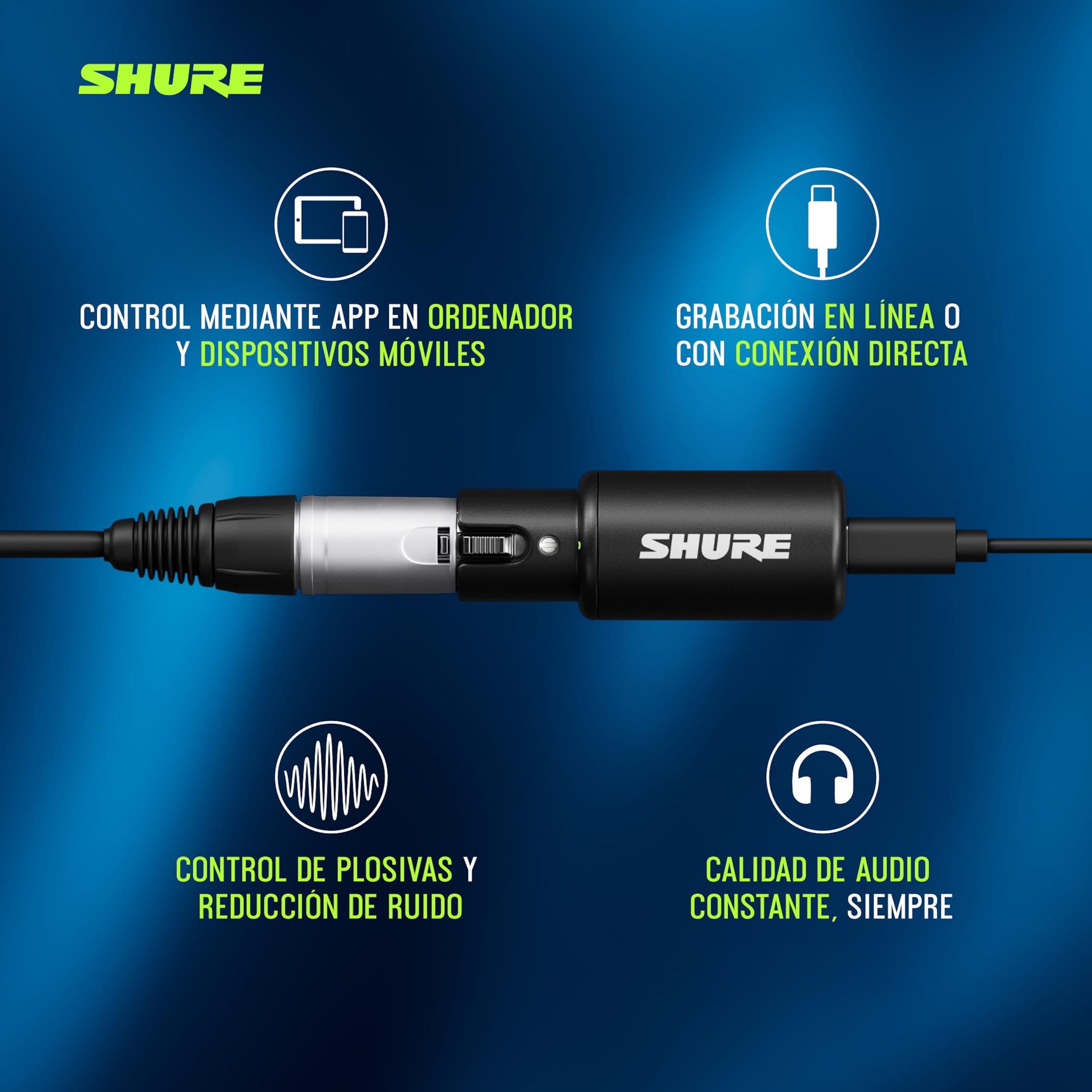 Shure MVX2U Gen 2 interfaz de audio digital, adaptador XLR‑USB para micrófonos, ideal para creación y grabación con procesamiento digital; compatible con Mac, Windows, iOS y Android.