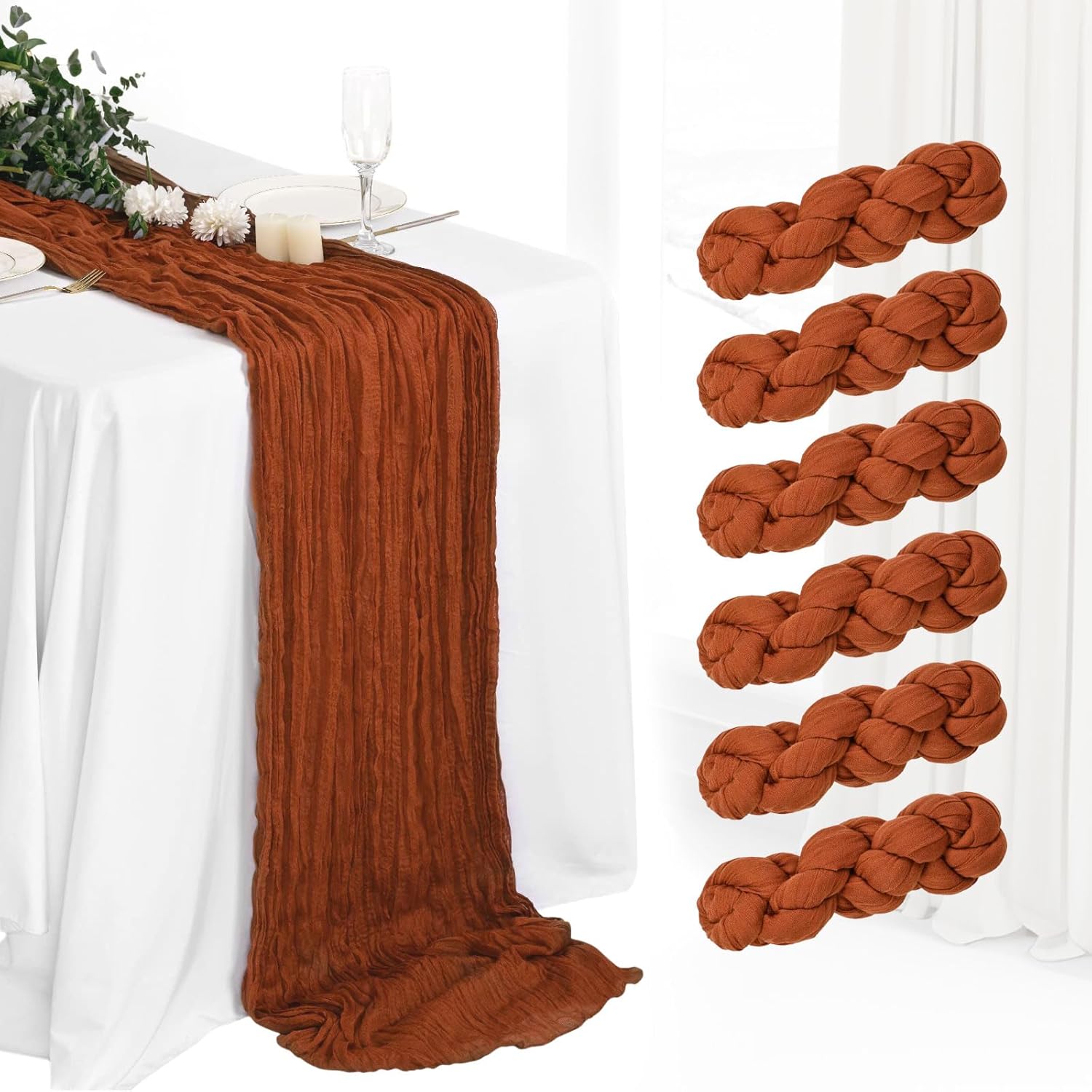 6 Pack Cheesecloth Table Runner 10Ft Boho Gauze Table Runner Cheese Cloth Long Rustic Sheer Table Runner for Wedding Bridal Baby Shower Birthday Party Cake Table Arbor Decorations (Terracotta) Terracotta 6 Pack 35" x 120"