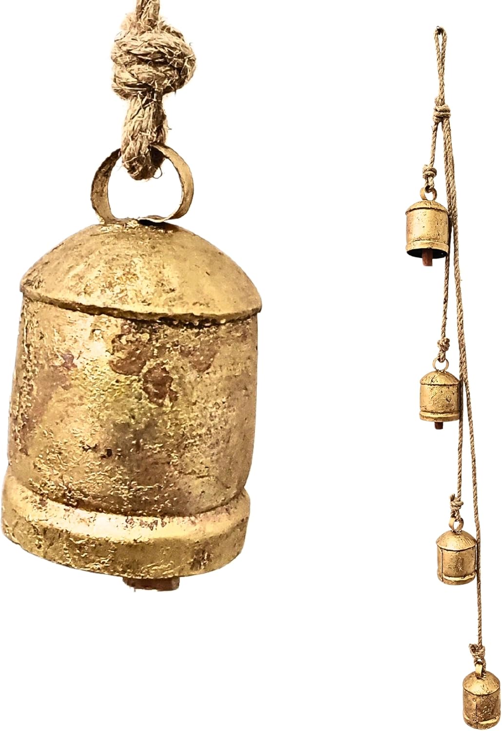 Harmony 4 Cow Bells Cluster on Rope Large Rustic Vintage Lucky Cow Bells On Rope Wall Hanging Décor (4 inch Cluster)