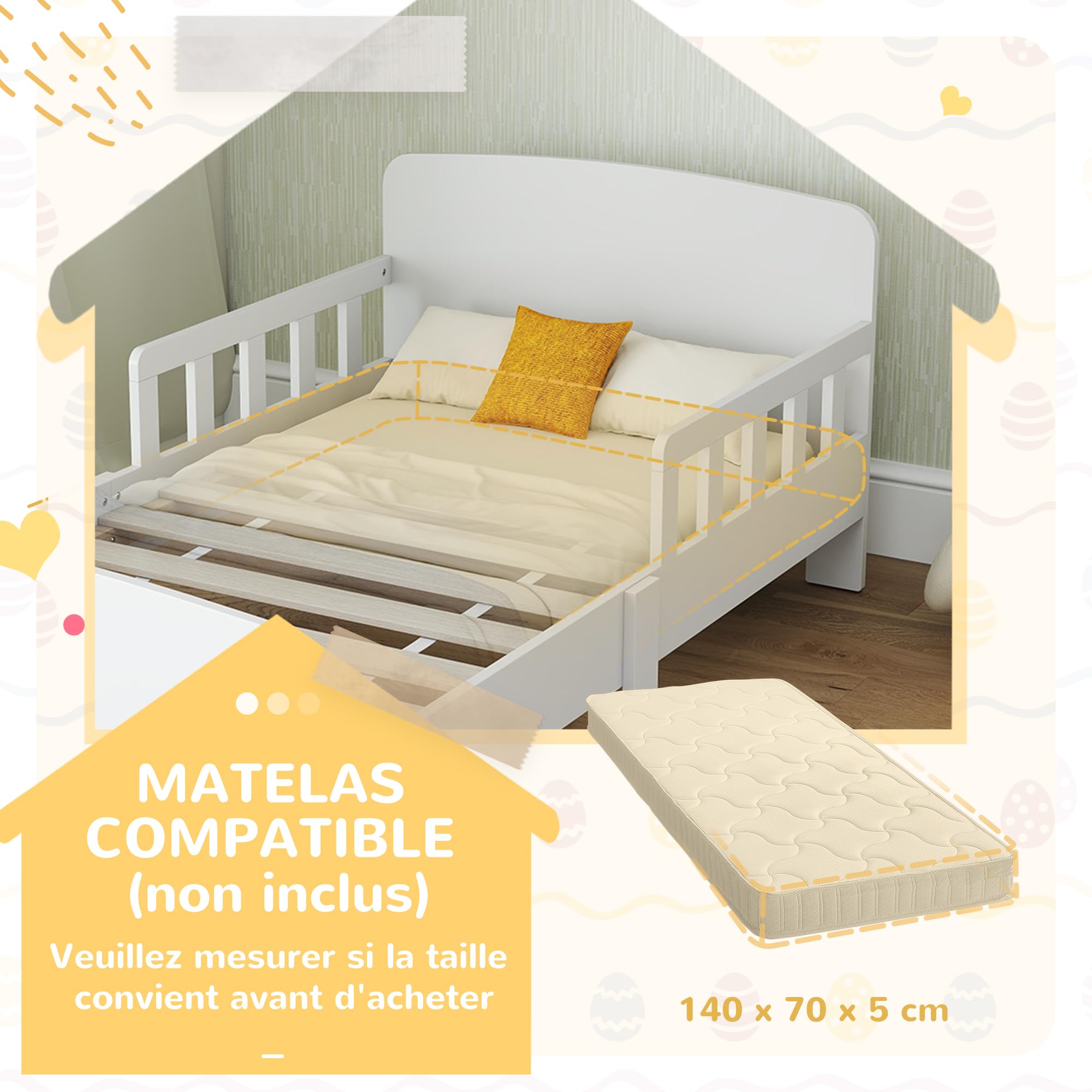 AIYAPLAY Lit Enfant, Lit au Sol Enfant, pour Matelas 140 x 70 cm, Blanc | Barrières de Sécurité Haute, Sommier à Lattes, Cadre Robuste, pour Fille et Garçon de 3 à 8 Ans