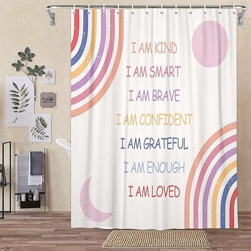 Miniatura 10 de Cortina de ducha de arcoíris para niños, juego de cortina de ducha con citas inspiradoras para baño, cortina de ducha abstracta bohemia positiva