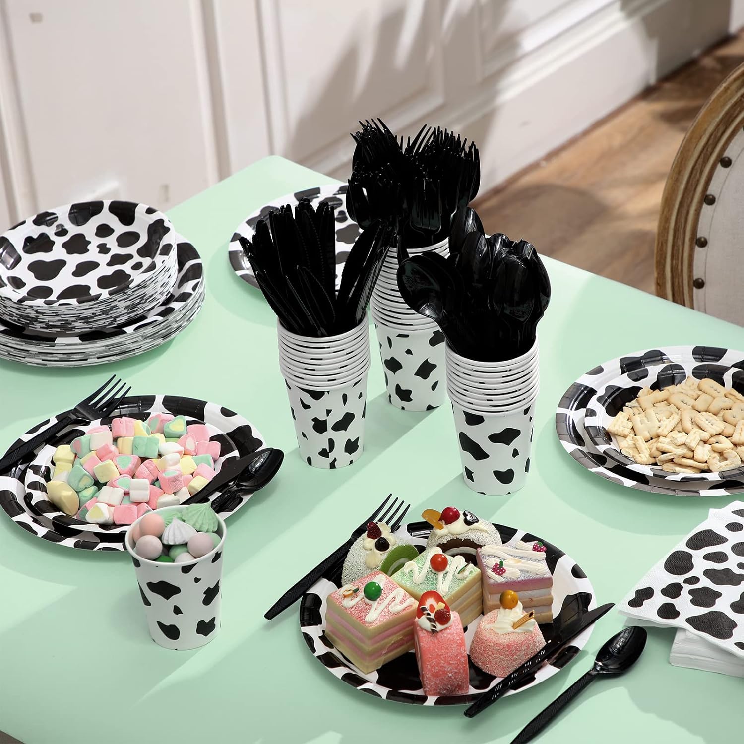 Irenare 280 Pcs Cow Print Birthday Party Supplies Includes Cow Paper Plates and Napkins Cups Spoons Forks Knives Disposable Tableware Serves for Farm Animal Birthday Decor - Image 7