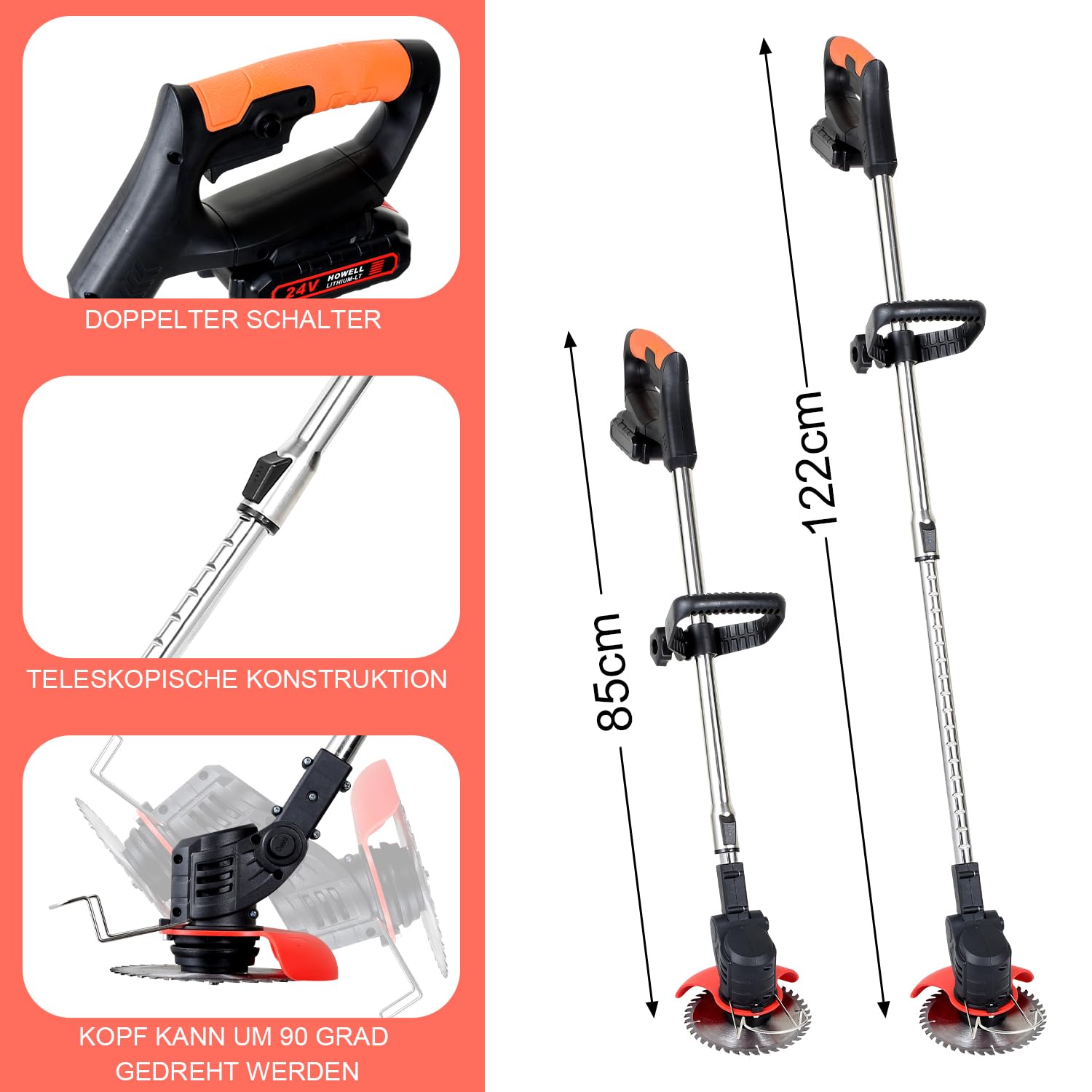 Eulenke Desbrozadora de césped con batería, incluye 2 baterías de 1,5 Ah y cargador, 2 en 1, 18.000 rpm, 24 V, cortador de bordes