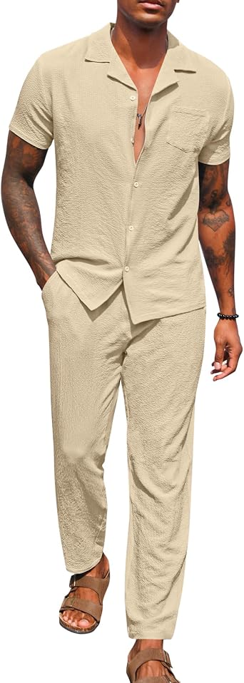 LecGee Mens 2 Piece Textured Outfits Short Sleeve Button Down Shirts Loose Pants Set Casual Summer Beach for Men
