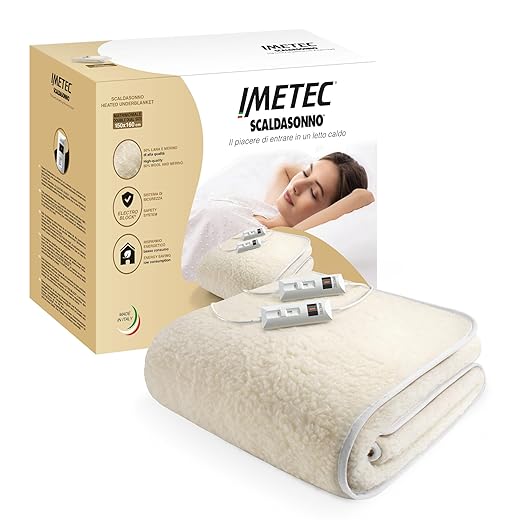 Imetec Scaldasonno matrimoniale 150x160 cm, 50% Lana e merino, 2 temperature, Dispositivo sicurezza electro block, Made in italy