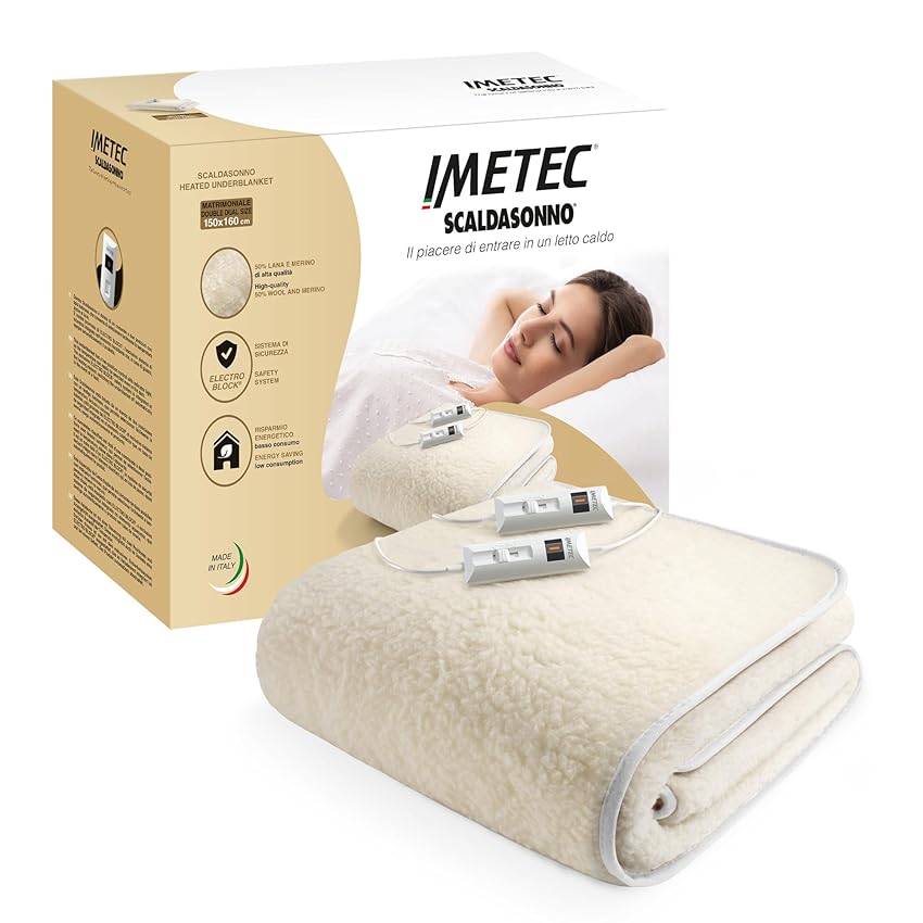 Imetec Scaldasonno matrimoniale 150x160 cm, 50% Lana e merino, 2 temperature, Dispositivo sicurezza electro block, Made in italy