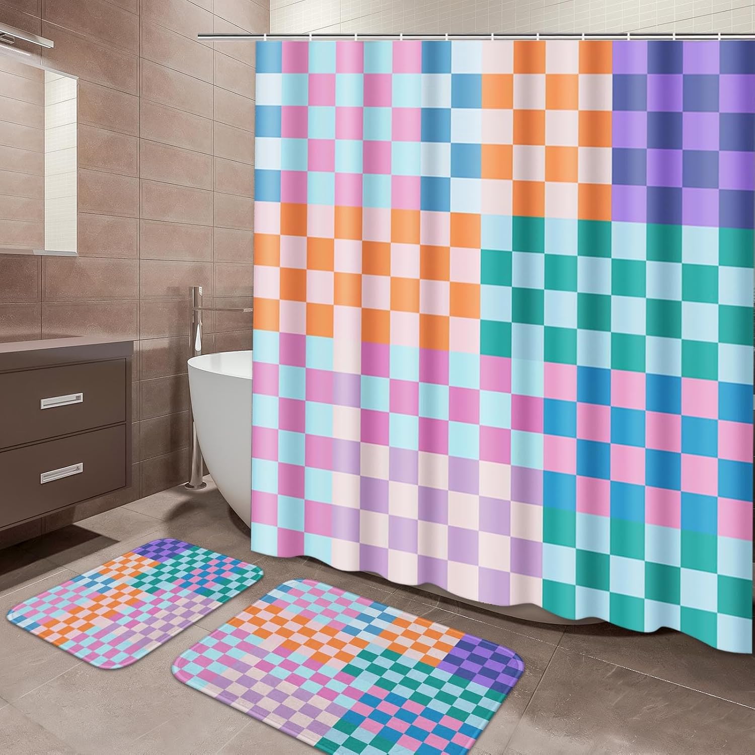ArtSocket Retro Checkered Bathroom Set with Shower Curtain and Bath Rugs and Accessories,Colorful Funky Checkerboard Non-Slip Shower Curtain Set,Bathroom Decor 3 Pcs