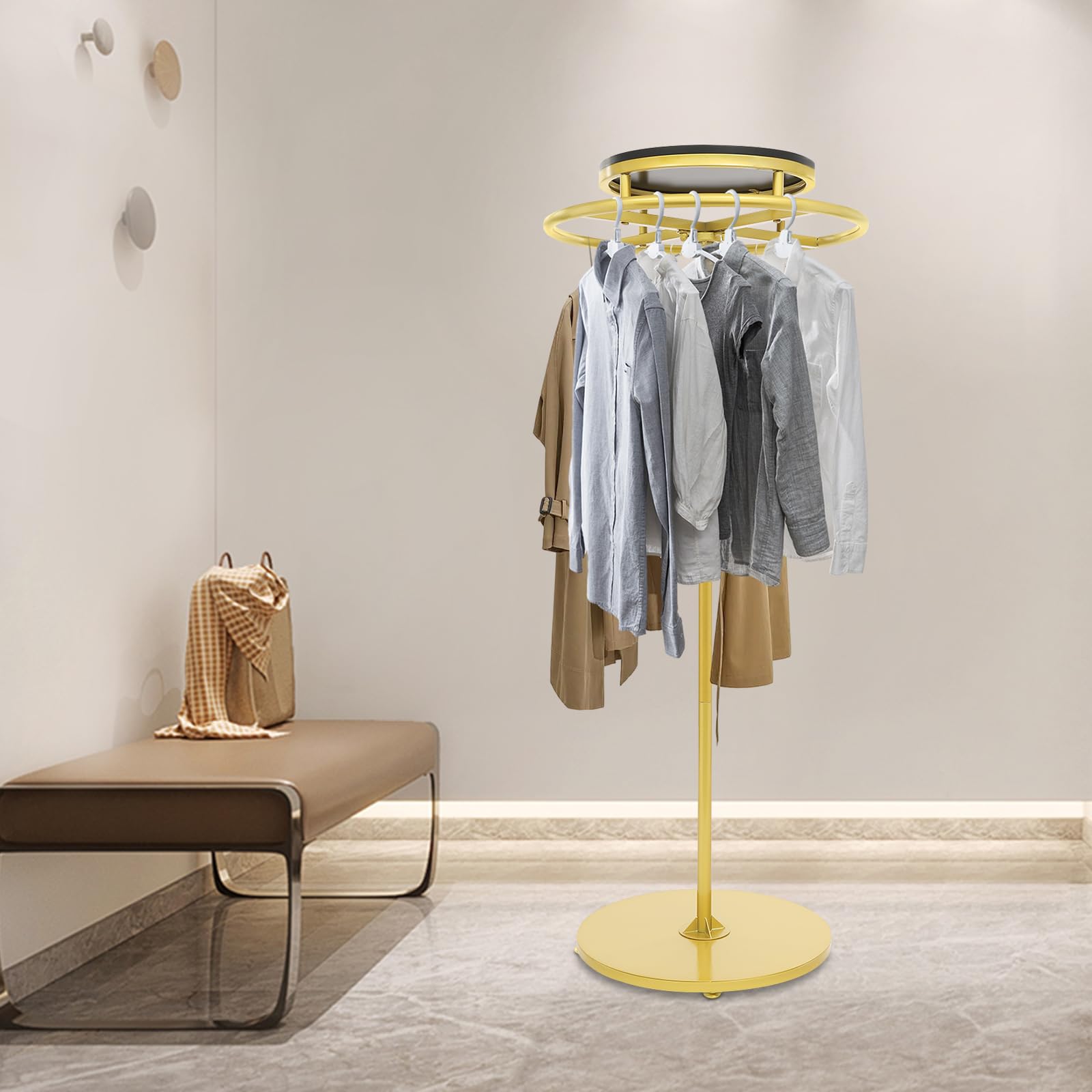 Soporte de ropa redondo giratorio de 360°, expositor de ropa independiente en pie para tienda, tienda de moda, vestidor y dormitorio, estructura metálica