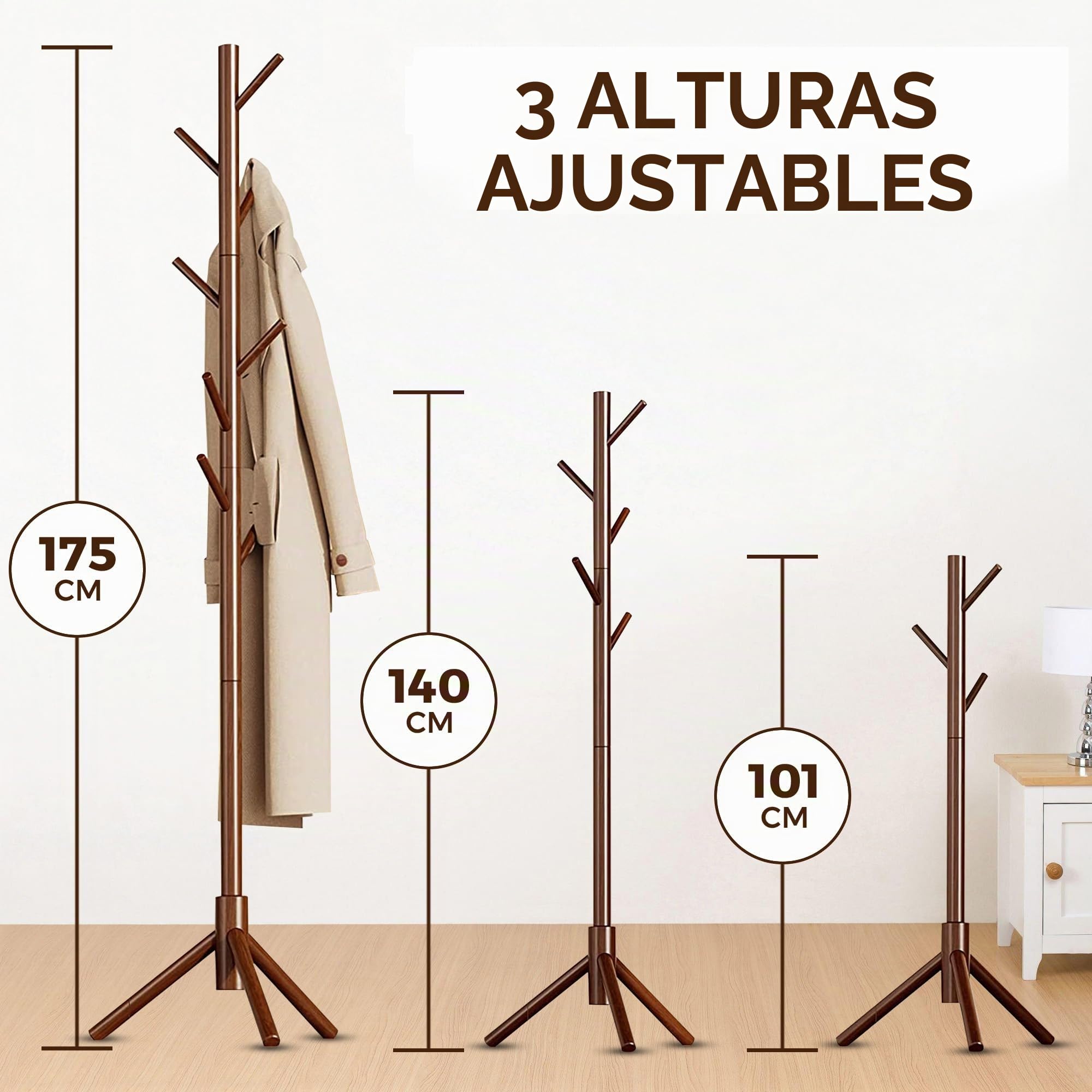 Bayt Perchero de Pie con 8 Ganchos - Perchero Madera con 3 Tamaños Ajustables - Perchero de Pie 175 cm - Perchero Entrada Recibidor (3 patas, Marrón)