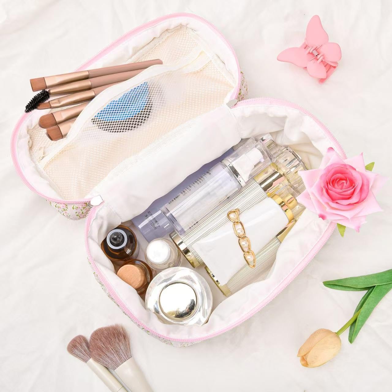 Large Travel Quilted Makeup Bag,Cute Bow Cotton cosmetic bag, Fashionable aesthetic makeup bag,Coquette Aesthetic Floral Travel Toiletry Bag for Women and Girls - Image 4