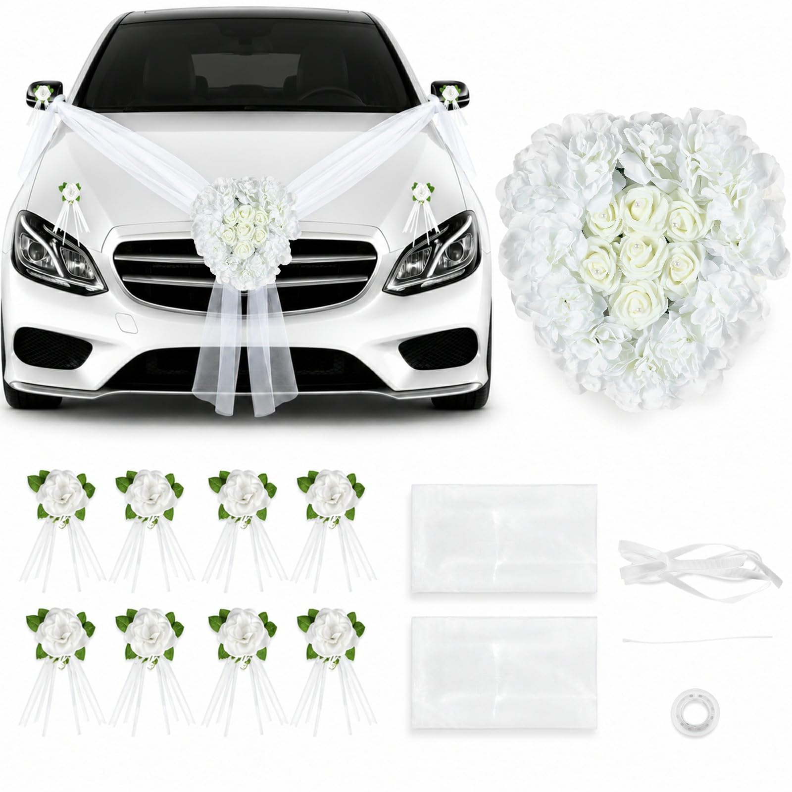 Autoschmuck Hochzeit Motorhaube, Weiß Auto Motorhaube Hochzeitsschmuck Set | Weiß Rosendekoration mit 35 cm Hauptblume, acht 9 cm Blumen mit Saugnäpfen, Tüll für Just Married, Wedding Ceremony