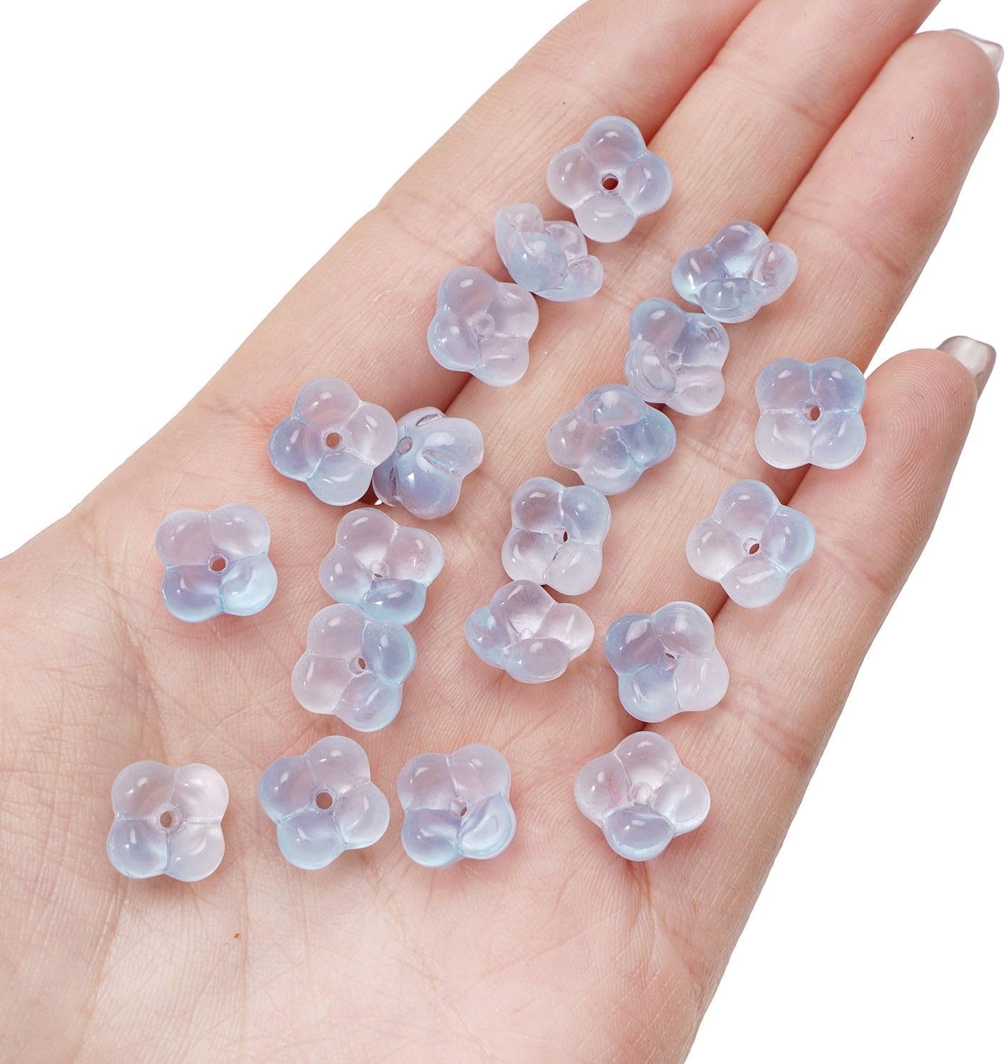 100PCS Glass Flower Beads for Jewelry Making 4 Petal Flower Bead Caps Gradient Cute Floral Beads Aesthetic Charms for Necklace Bracelets Earrings DIY Craft Home Decoration-Blue - Image 3