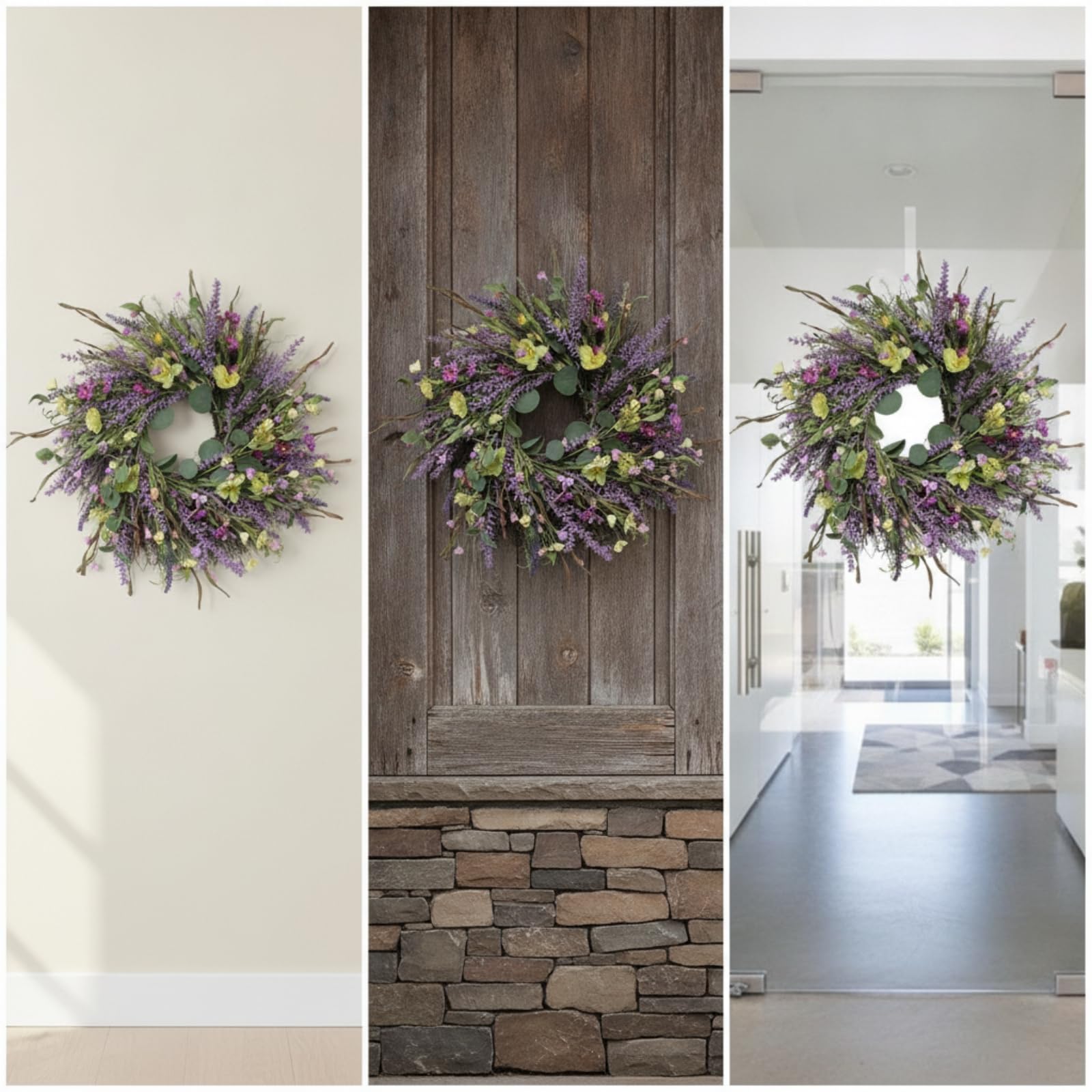 Ghirlanda di Lavanda Artificiale Corona Floreale Ghirlanda Corona Decorativa con Foglie E Gialli Struttura Rotonda Aspetto Primaverile Adatta per Porta di Casa Pareti Interne