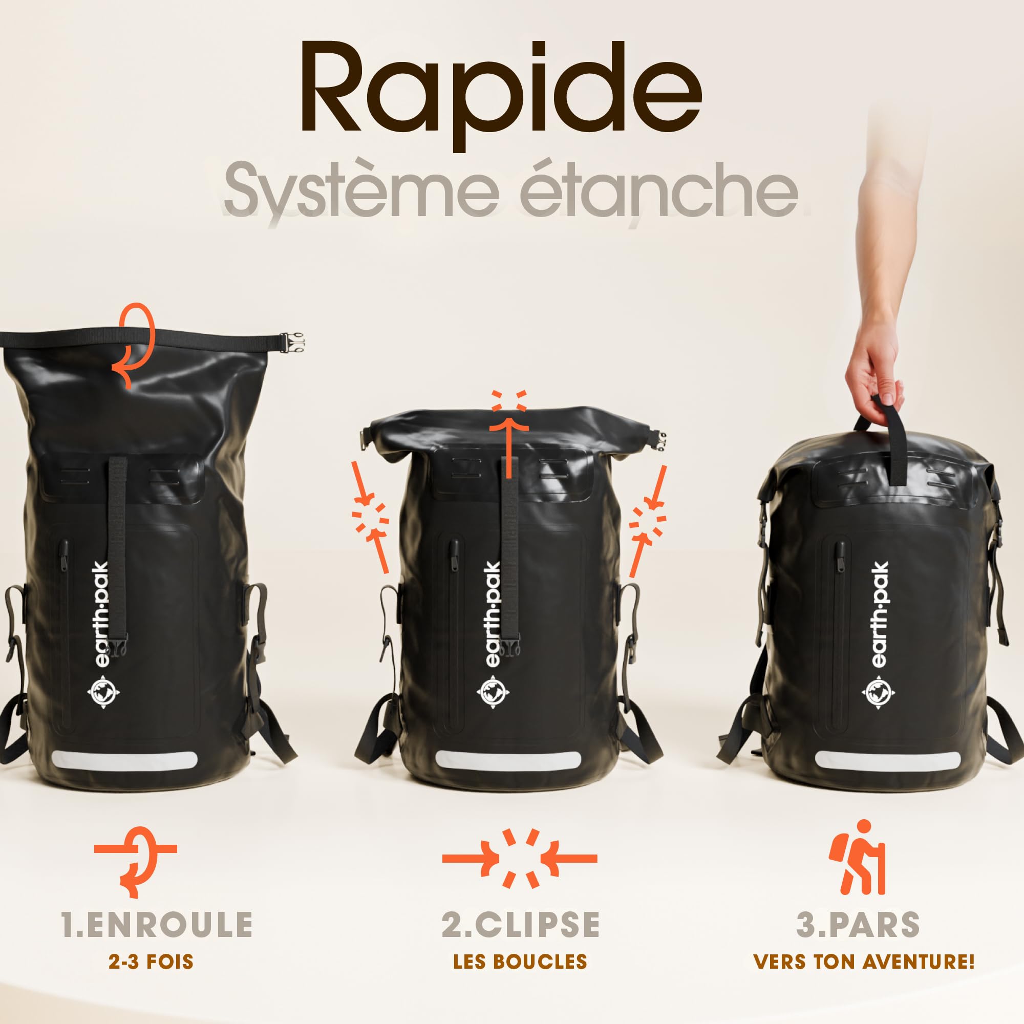 Earth Pak Sac à dos imperméable – Fermeture robuste enroulable avec poche avant zippée facile d'accès et panneau arrière rembourré pour plus de confort avec étui étanche IPX8