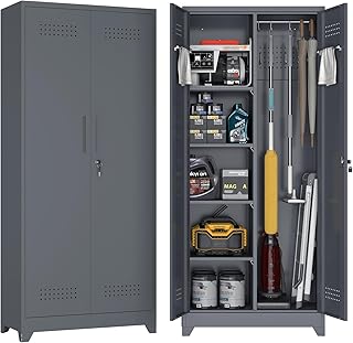 72.8" H Metal Garage Storage Cabinets, Metal Storage Cabinet with Hanging Rod & S-Hooks, Broom Closet Storage with Shelves, Functional Storage Cabinets for Garage, Warehouse, Grey