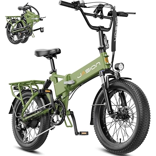 Jasion EB7 Foldable Electric Bike, 1200W Peak/28MPH Max Speed/55 Miles Range, 20" Fat Tire E-Bike for Adults, 480WH Removable Battery, Dual Shock Absorber for City, Beach, Snow, Green | UL Certified