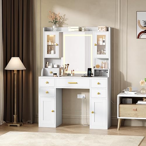 Garvee White Vanity Desk with Charging Station and LED Mirror, Large White and Gold Makeup Dressing Table, 3 Light Modes, 6 Drawers, Cabinet and Shelves