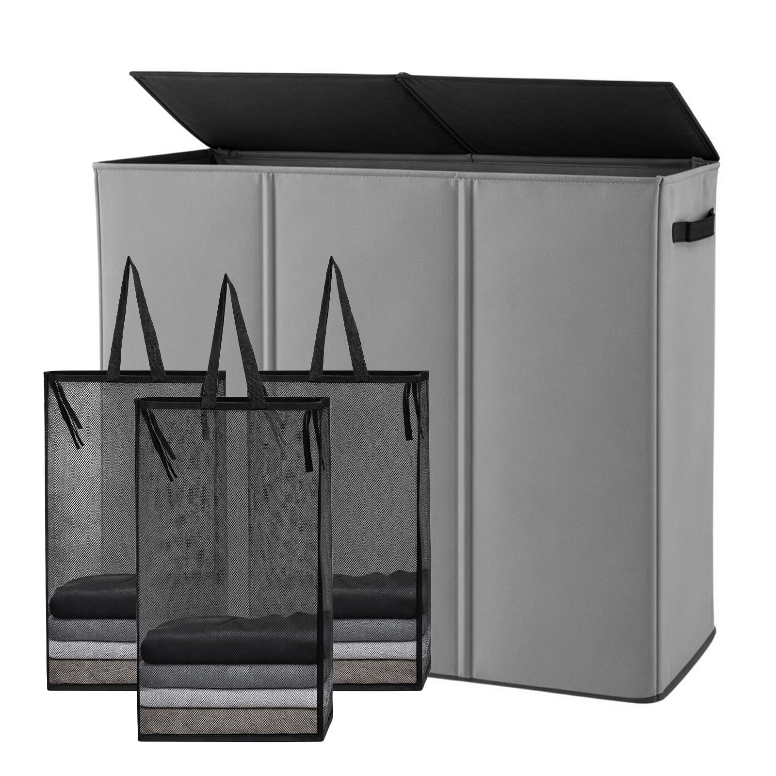 GreenWhim 3 Section Laundry Hamper with Lid and Removable Laundry Bags Freestanding Laundry Basket Sorter Foldable Clothes Hamper Organizer for Bedroom Laundry Room Bathroom (Grey, 180L)