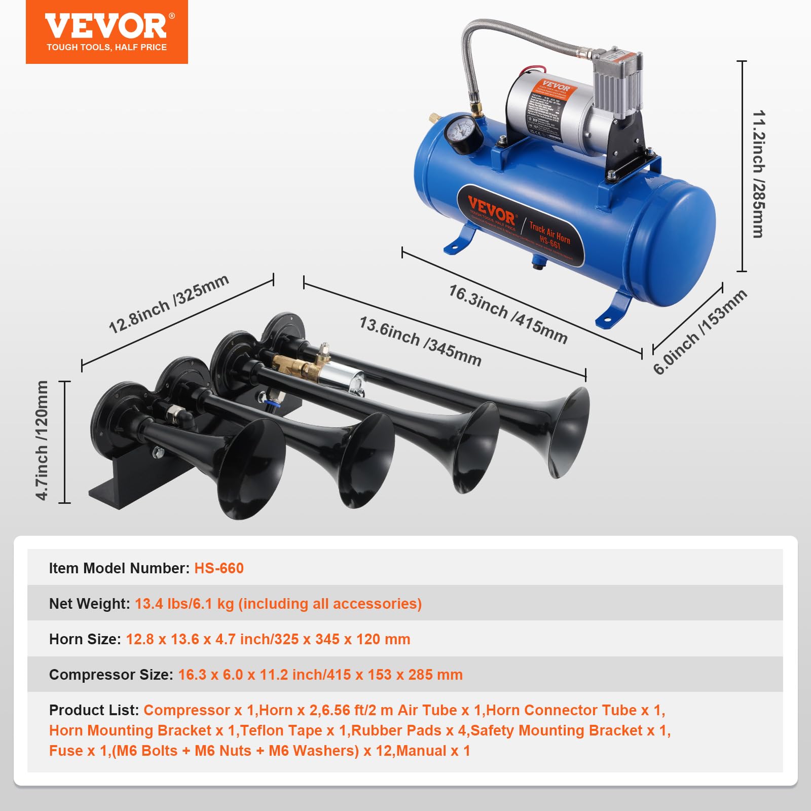VEVOR Kit de Klaxon 4 Trompettes 150 dB Klaxon de Voiture avec Compresseur d'Air 90-120 psi Réservoir d'Air 6 L Avertisseur Sonore Pneumatique Universel pour Tout Véhicules 12 V Trains Bateaux Auto