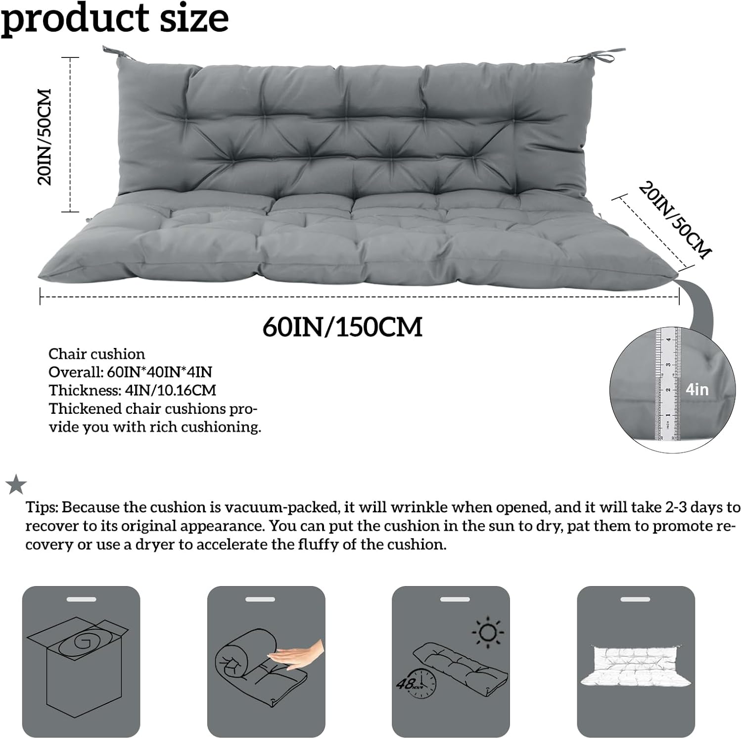 Outside Benches Cushion with Backrest, Thicken Waterproof Swing Cushions 2/3 Seater Replacement, Porch Swing Cushions Outdoor (Gray, 40 x 60 inch)