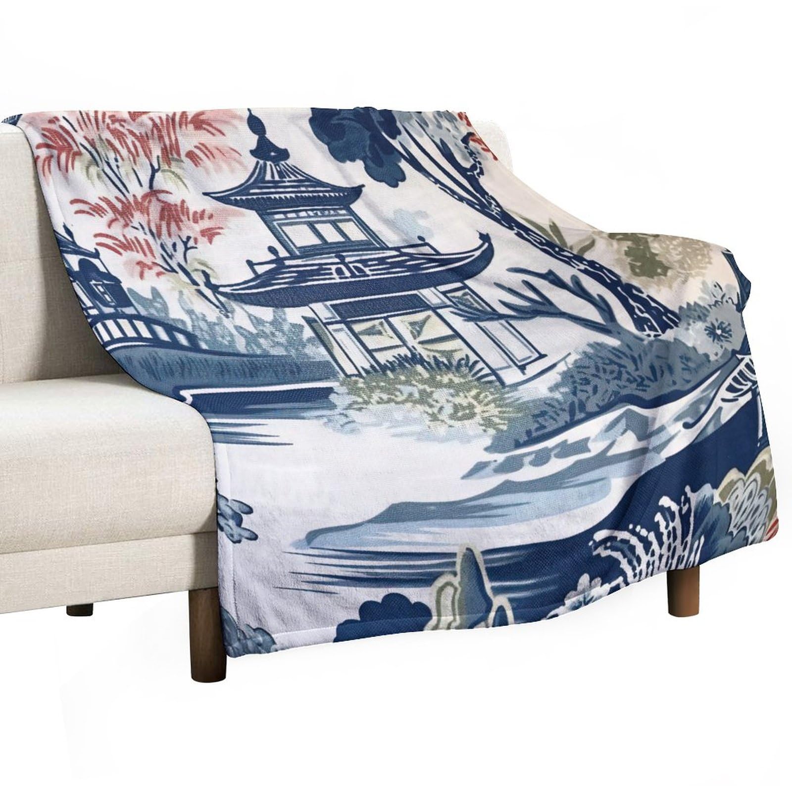 Couverture polaire chaude contre le froid plaid léger motif pagode asiatique blanc corail