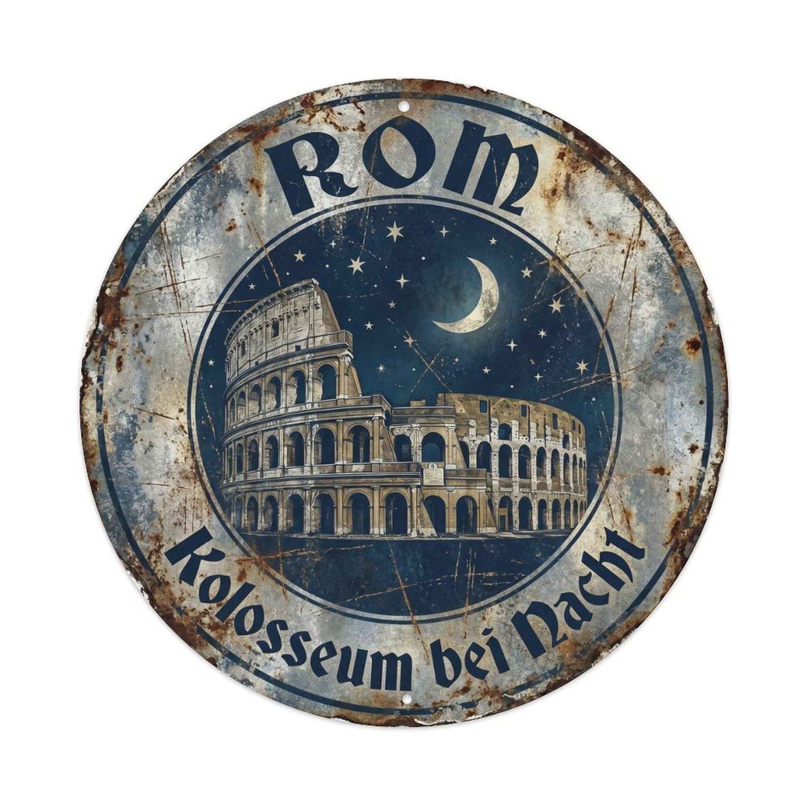 Vintage Travel Colosseum Moonlight Rome Metal Tin Sign Plaque Wall Decor for Cafe, Club, Garden Round Metal Poster 8x8Inch