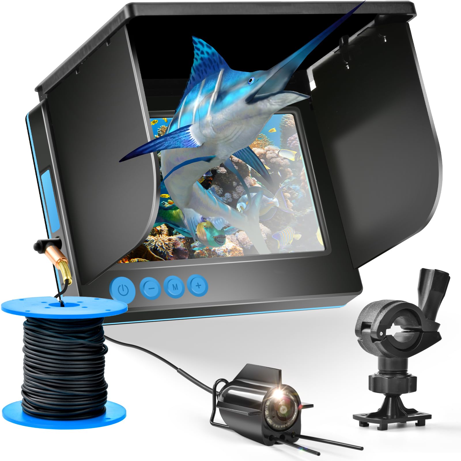 Underwater Fishing Camera,Fish Finder, Infrared Night Vision, Wide Angle, IP65 Waterproof, with 5 Inch IPS Display, for Ice, River and Boat