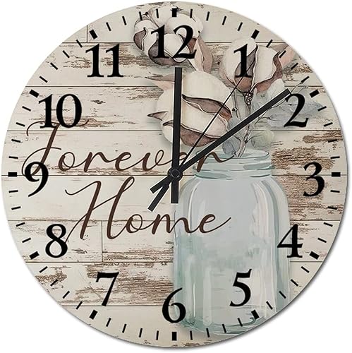 Miniatura 1 de Flores de algodón de 10 pulgadas en tarro de albañil, acuarela, imágenes de madera retro, citas para el hogar, reloj de pared para el hogar,