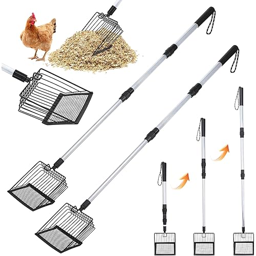CestMall 2 Pack Chicken Poop Scooper 3 in 1 Chicken Coop Scoop Detachable Chicken Scooper for Poop Sifting Shovel with Long Handle for Chicken Coop, Goat Stall, Stable