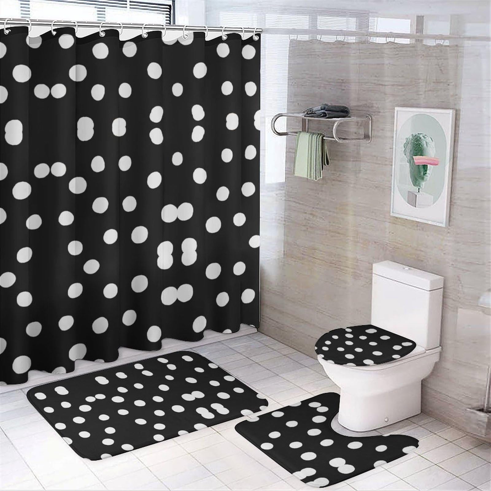 JZemdybill Bathroom Mat Set 4 Piece, Black Polka Dot Shower Curtain with Non-Slip Bath Mats for Bathroom
