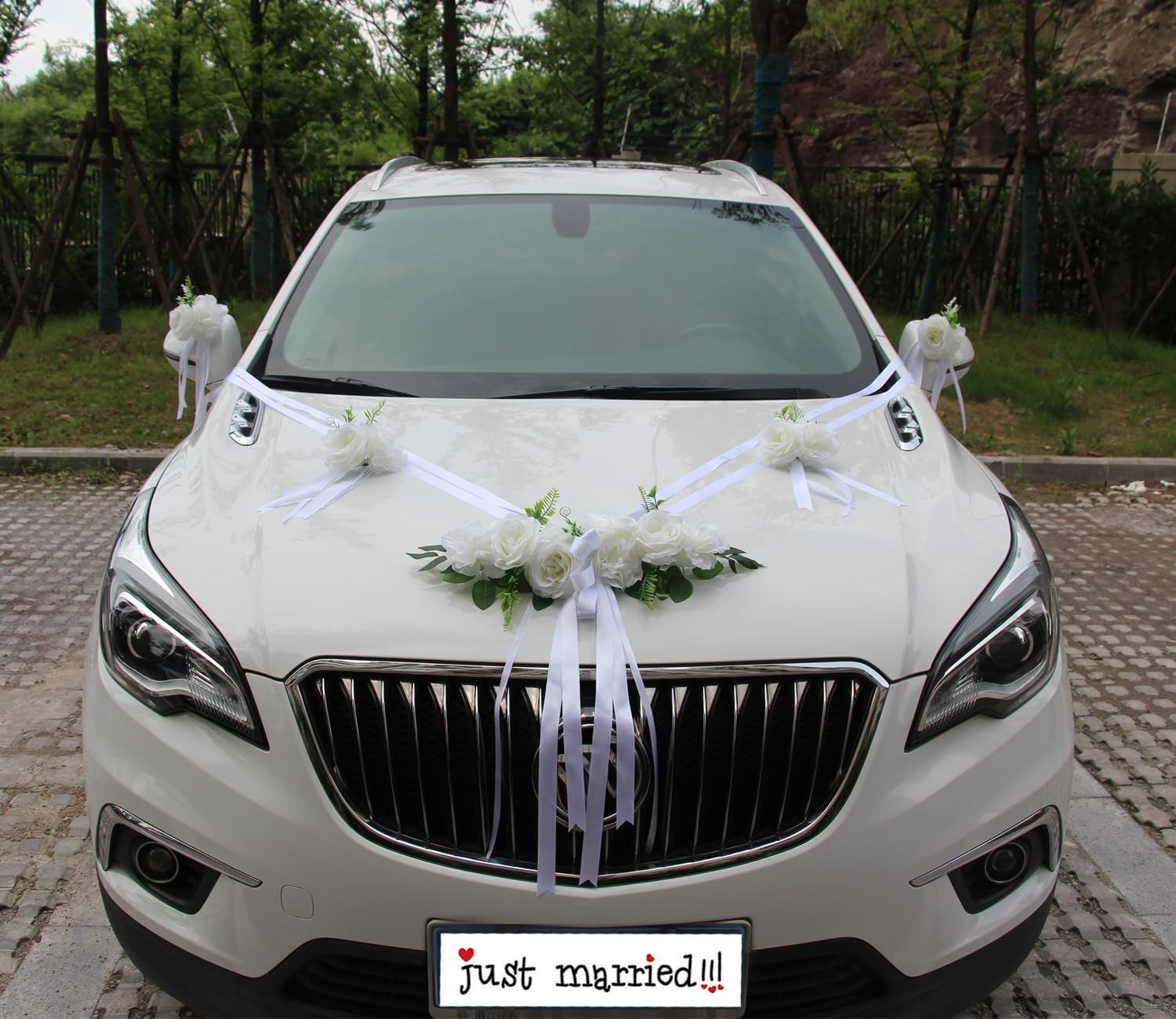 Chexin Ensemble de décoration de voiture de mariage Premium, roses blanches, capot mariée et marié