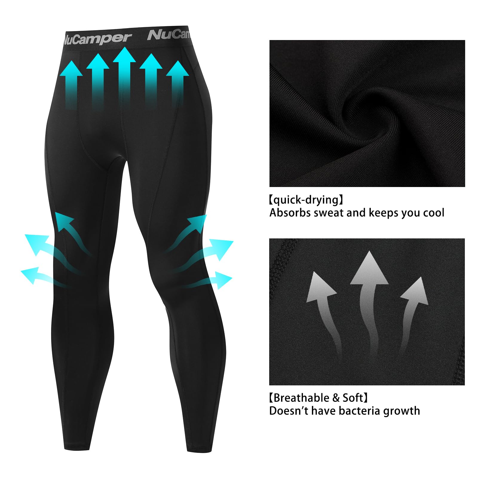 NuCamper Spodnie Kompresyjne Męskie Legginsy, Oddychające Kompresyjne, Szybkoschnące Fitness, Dopasowane w Pasie, Rozciągającego Baselayer Legginsy Spodnie Dla Fitness Jogging Koszykówka