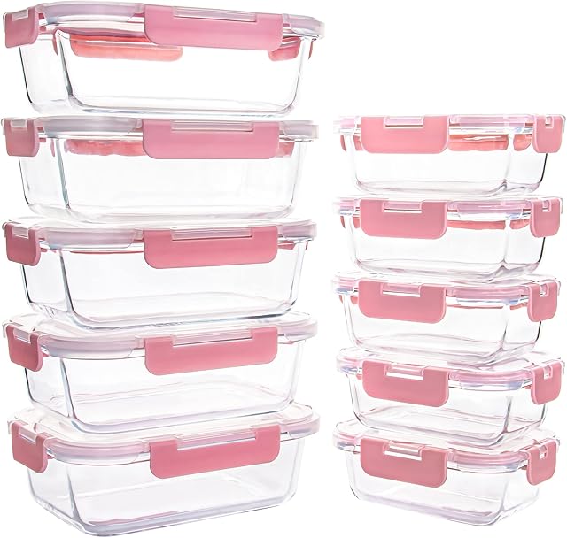 YARYOUNG 10 Pack Glass Food Storage Containers, Glass Meal Prep Containers with Lids, Leak Proof, Microwave & Freezer Safe, pink