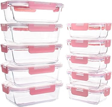 10 Pack Glass Food Storage Containers, Glass Meal Prep Containers with Lids Leak Proof, Microwave & Freezer Safe 34oz & 12oz