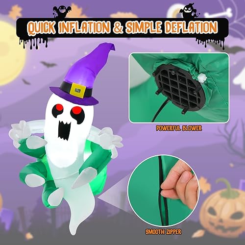 Miniatura 8 de Tangkula Fantasma inflable de Halloween de 8 pies, novia fantasma inquietante inflable con luz LED de llama, decoración de vacaciones al aire libre