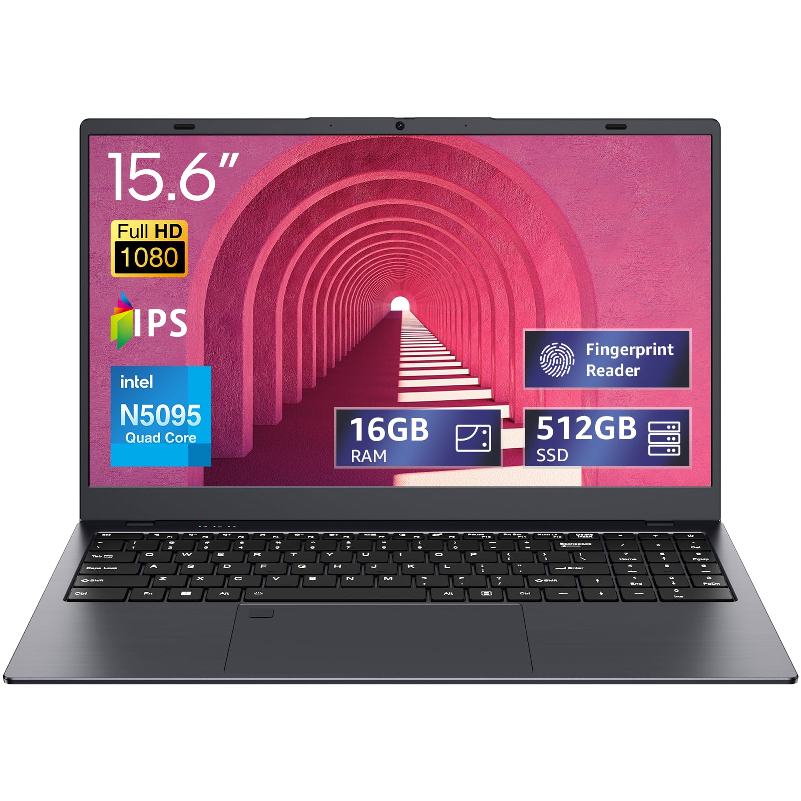 UOWAMOU 15.6-inch, 16GB RAM, 512GB SSD, FHD IPS Display Laptop Computer, N5095 Quad Core, 2.4/5G WiFi, BT4.2 Backlit and Fingerprint, Lightweight and Portable